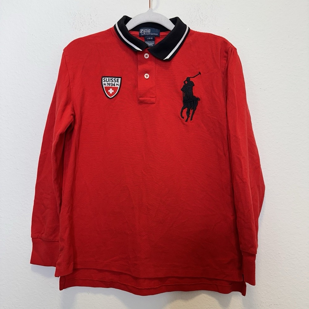RALPH LAUREN 1934‎ SUISSE SWITZERLAND BOYS L RUGBY SHIRT L/S RED EMBROIDERED EUC